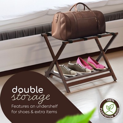 Walnut Folding Wooden Luggage Rack with Bottom Shelf