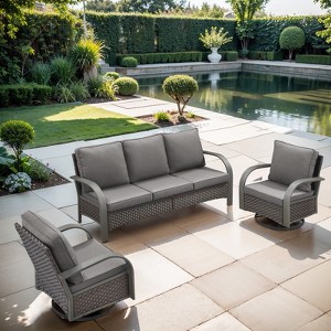 POCASSY 3 Pieces Patio Sofa Set, Patio Furniture Set with Patio Couch and Swivel Patio Chair, Metal Armrest All Weather Wicker Patio Set for Porch - 1 of 4