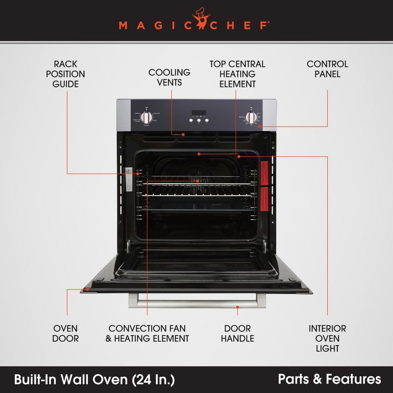 Magic Chef MCSWOE24S 2.2 Cubic Foot Built In Programmable Wall Convection Oven, Stainless Steel, 2 of 7
