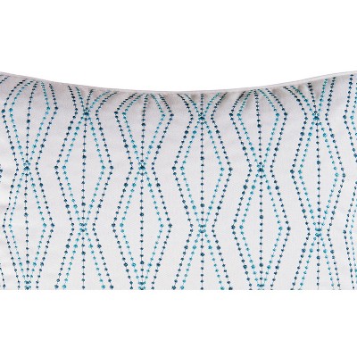 18" Square White and Teal Embroidered Canvas Throw Pillow