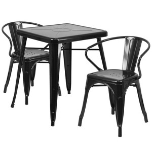 Emma and Oliver Commercial Grade 23.75" Square Metal Indoor-Outdoor Table Set with 2 Arm Chairs - 1 of 1
