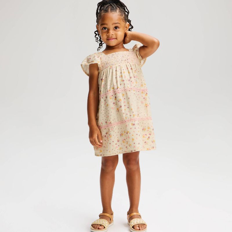 Toddler Girls' Floral Smocked Short Sleeve Dress - Cat & Jack™ Cream 12M