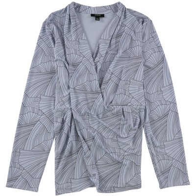 Alfani Womens Printed Draped V-Neck Pullover Blouse