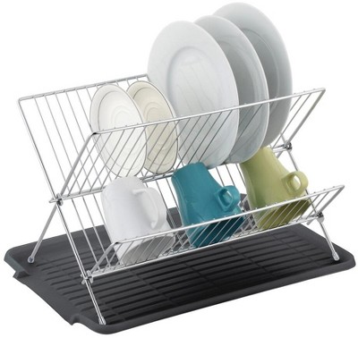 J&V Textiles 18 in. Chrome Stainless Steel 2-Tier Dish Rack with Utensil and Cutting Board Holder for Kitchen Counter