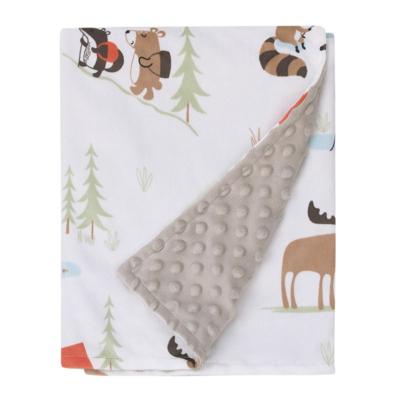Little Love by NoJo Camping White, Gray, and Orange Moose, Tents, and Fishing Super Soft Baby Blanket, 1 of 5