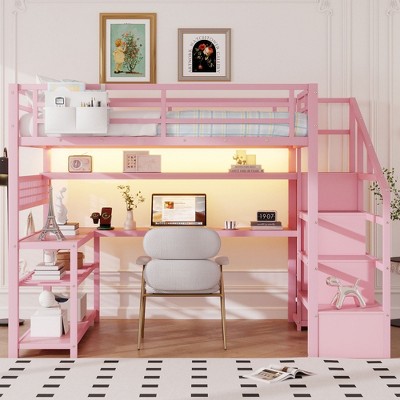 TUYOHW Full Size Loft Bed with Storage Staircase & Wardrobe,Metal Loft Bed with Desk,Storage Shelves,Charge Station,LED Lights for Teens & Adults