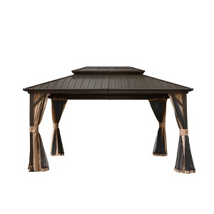 DOMETOUR 10' x 12' Hardtop Aluminum Gazebo with Steel Double Roof, Curtains & Netting, Permanent Outdoor Pavilion, Brown - 1 of 4