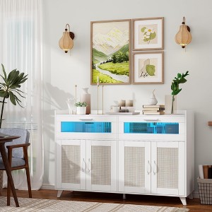 Sideboard Buffet Cabinet With Power Outlet & LED Light, Kitchen Storage Cabinet With 2 Fluted Acrylic Drawers & 4 Rattan Doors - 1 of 4