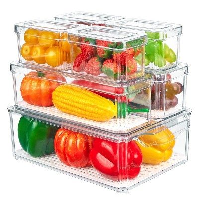 LunaLulinlk Set of 7 Refrigerator Organizer Bins, Fruit Containers for Fridge with Drain Tray for Vegetables, Food, Drinks