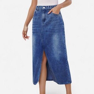 Anna-Kaci Women's High Waist Denim Midi Skirt with Front Slit Detail and Faded Wash Finish - 1 of 4