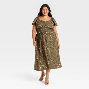 plus size green floral maxi dress Women's Flutter Sleeve Long sleeve