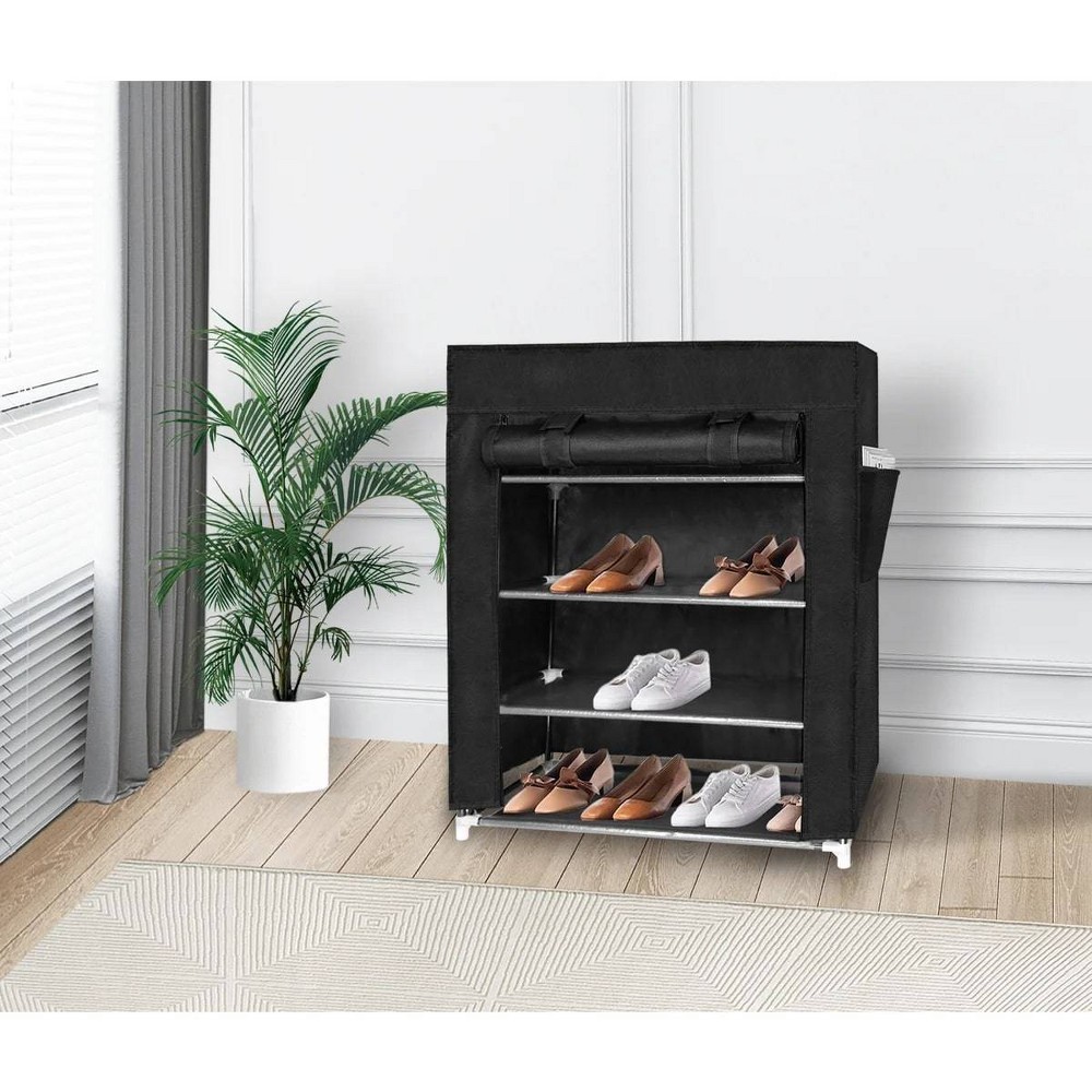J&V TEXTILES 4 Tier Shoe Rack with Side Pocket Holds 24 Shoes Black