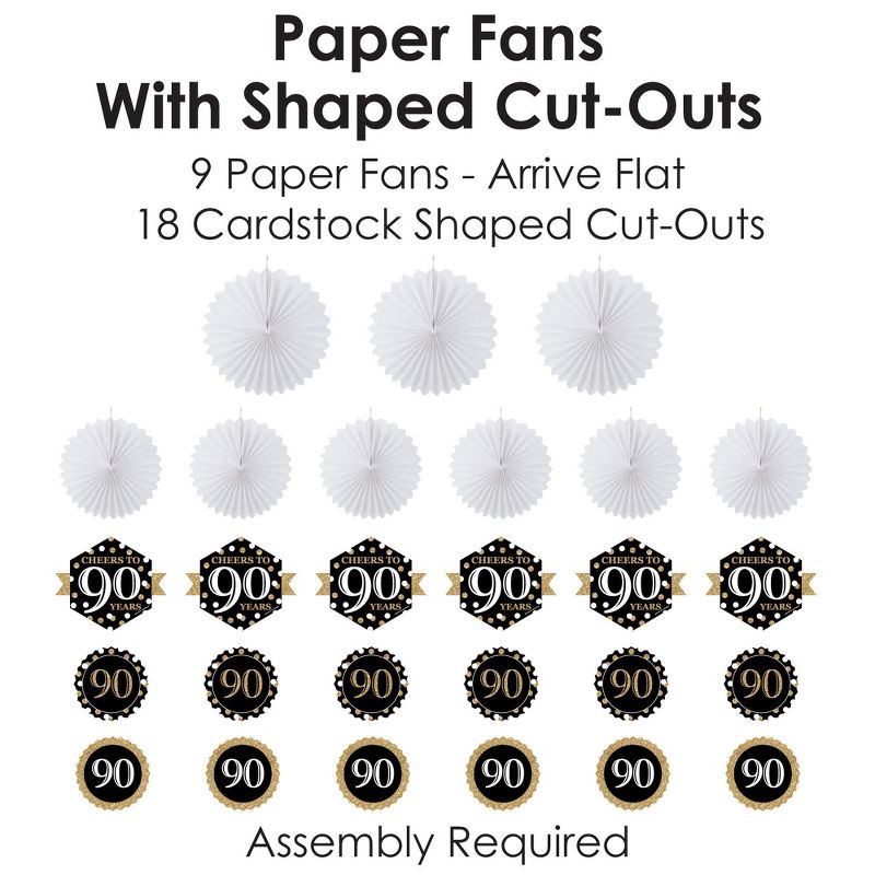 Big Dot of Happiness Adult 90th Birthday - Gold - Hanging Birthday Party Tissue Decoration Kit - Paper Fans - Set of 9, 4 of 8