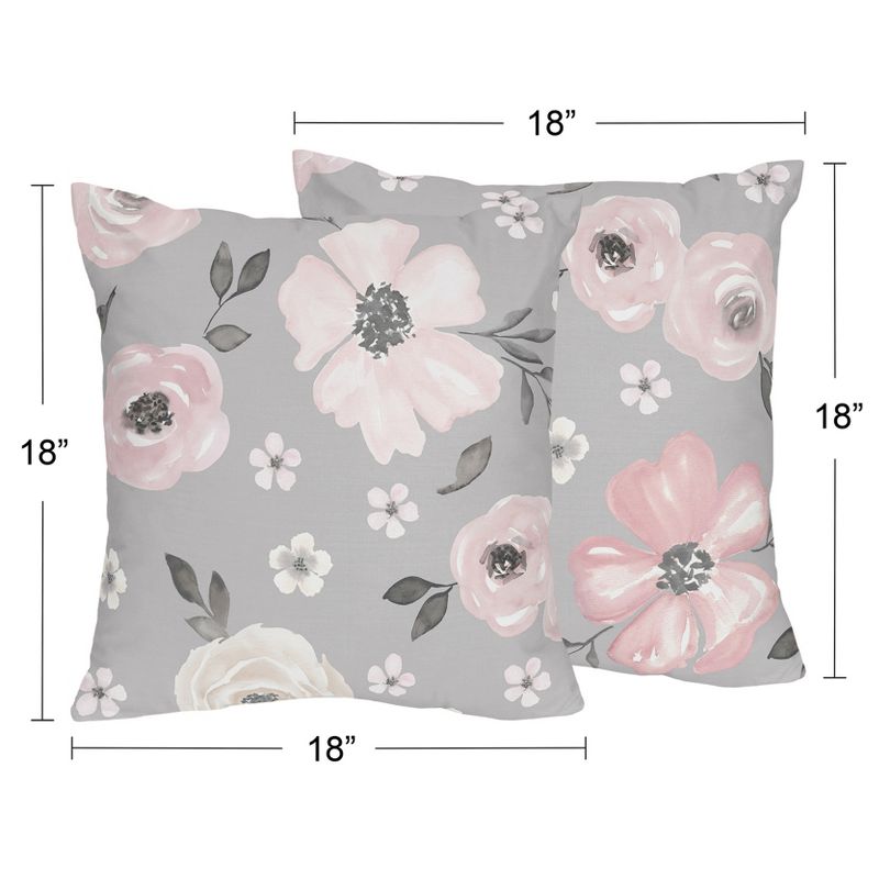 Sweet Jojo Designs Set of 2 Decorative Accent Kids' Throw Pillows 18in. Watercolor Floral Grey and Pink, 4 of 6