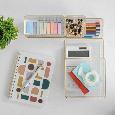 Clear Plastic Stackable Office Desk Drawer Organizers with Gold Trim, Set of 6