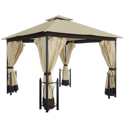 Outsunny 13' x 11' Patio Gazebo Canopy Garden Tent Sun Shade with 2 Tier Roof, Netting and Curtains, Steel Frame for Patio, Backyard, Garden
