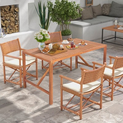 Natural Acacia Wood Rectangular Outdoor Dining Table with Umbrella Hole