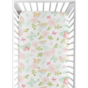 Sweet Jojo Designs Girl Baby Fitted Crib Sheet Butterfly Floral Pink Green and White - 1 of 4