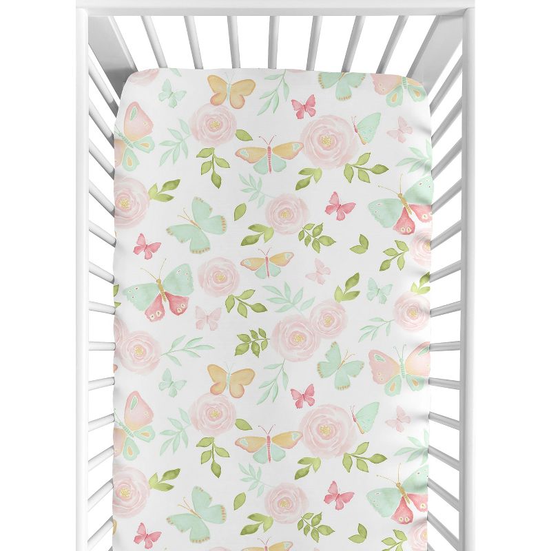 Sweet Jojo Designs Girl Baby Fitted Crib Sheet Butterfly Floral Pink Green and White, 1 of 8