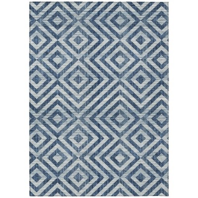 Navy Blue And Ivory Geometric Washable Indoor Outdoor Area Rug