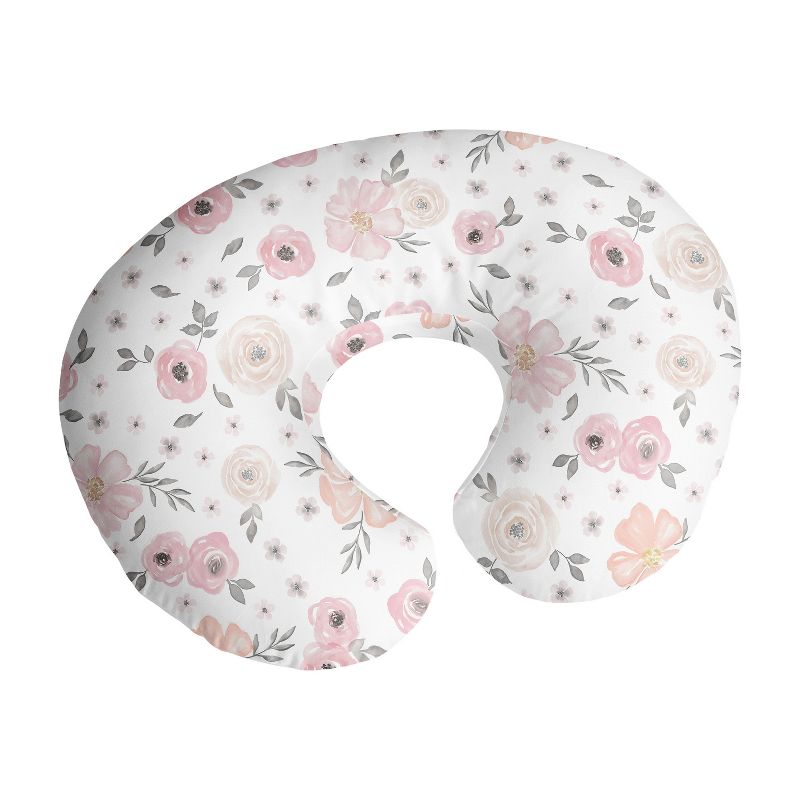 Sweet Jojo Designs Girl Support Nursing Pillow Cover (Pillow Not Included) Watercolor Floral Pink and Grey, 1 of 6