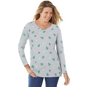Woman Within Perfect Printed Long-Sleeve V-Neck Tee - 1 of 4