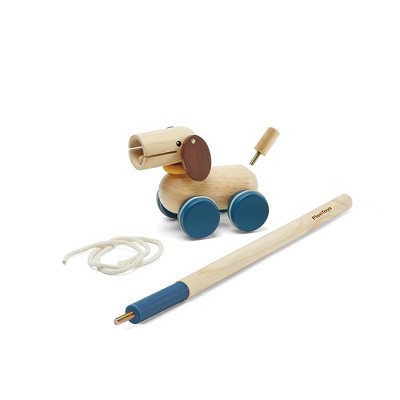 Natural Rubberwood Push and Pull Puppy Toy with Blue Wheels