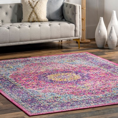 Pink and Multicolor Round Synthetic Persian Area Rug