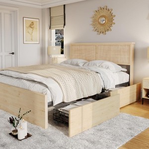 Natural Rattan Bed Frame with Wooden Headboard, 4 Storage Drawers & Metal Platform, Noise Free, No Box Spring Needed - 1 of 1