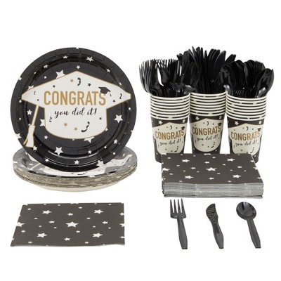 Blue Panda Serves 24 Graduation Party Supplies & Decorations, 2025 Celebrate Congrats Grad Paper Plates and Napkins, Cups & Cutlery