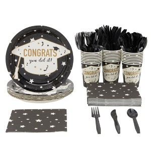 Blue Panda Serves 24 Graduation Party Supplies & Decorations, 2025 Celebrate Congrats Grad Paper Plates and Napkins, Cups & Cutlery - 1 of 4