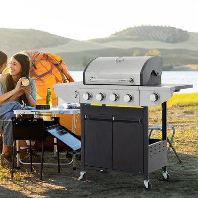 Lovmor Propane Grill 4 Burner Barbecue Grill Stainless Steel Gas Grill with Side Burner and Thermometer for Outdoor BBQ, Camping