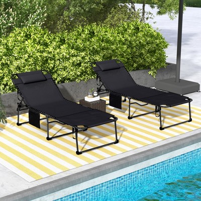 Black Mesh Folding Chaise Lounge Set with Reclining Backrest