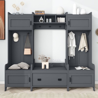 NicBex Hall Tree with Bench and Storage Cabinets Storage Drawers Multifunctional Coat Rack with 7 Hooks and Top Shelf for Living Room, Hallway