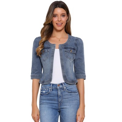 INSPIRE CHIC Women's Collarless Pockets 3/4 Sleeve Denim Jackets