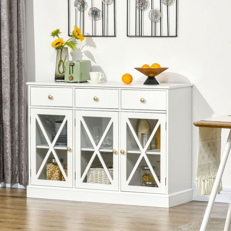 HOMCOM 45" Farmhouse Style Kitchen Sideboard, Serving Buffet Cabinet, Storage Cupboard with Glass Doors and 3 Drawers, White, 3 of 7