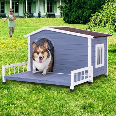 LAOTIES Large Wooden Dog House Outdoor And Indoor with Waterproof Roof,Raised Floor,Windows,and Removable Terrace for Small And Medium Dogs