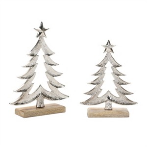 Metal Christmas Tree with Wood Base (Set of 2) - 1 of 2
