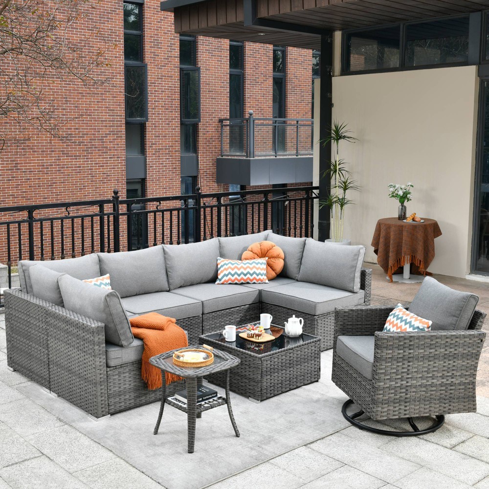 Photos - Garden Furniture Ovios Venice 9pc Wicker Outdoor Patio Furniture Set Conversation Sofa Sectional with a Swivel Chair and Black Cushions