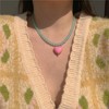 Colorful Beaded Choker Pink Peach Heart Necklace Chunky Big Heart Pendant Cute Necklace Blue Beaded Cool Hearts Choker Accessories Jewelry for Women - 3 of 4