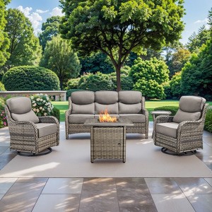 Gymojoy 5 Pieces Outdoor Patio Wicker Sofa Swivel Chair with 6 Inch Cushions and Fire Pit Table - 1 of 4