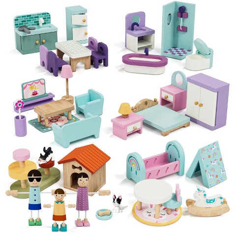 Etokfoks Wooden Dollhouse Furniture Set 39 Pcs 5 Rooms Family Dolls Pets All Wood Doll House Accessories Pretend Play for Kids Ages 3