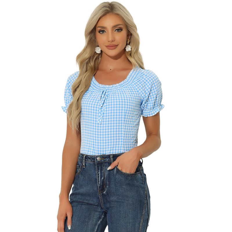 Allegra K Woman's Peasant Round Neck Ruffles Puff Sleeve Gingham Plaid Blouse, 1 of 6