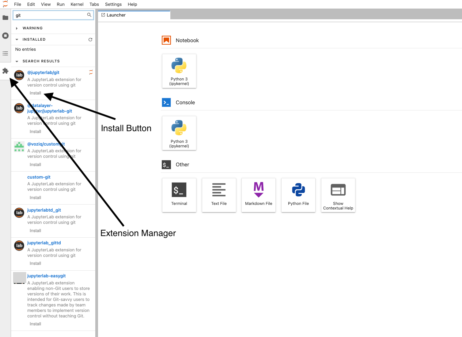 screenshot of JupyterLab Git extension in a browser window. Left hand side of the image shows a highlighted puzzle piece icon with a list of extensions with brief descriptions and install links underneath. The JupyterLab extension is highlighted with arrows pointing to the install button and extension manager.