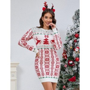Coolmee Women Crew Neck Long Sleeve Christmas Knit Woolen Slim Wrap Mini Dress - 1 of 4