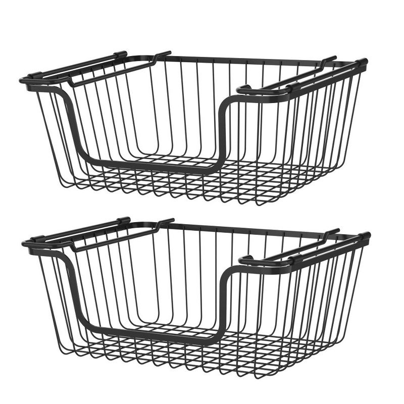 Oceanstar Stackable Metal Wire Storage Basket Set for Pantry, Countertop, Kitchen or Bathroom – Black, Set of 2, 1 of 10