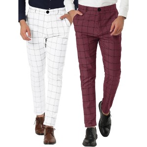 Lars Amadeus Men's Plaid Printed Tapered Leg Flat Front Business Dress Pants 2 Packs - 1 of 4