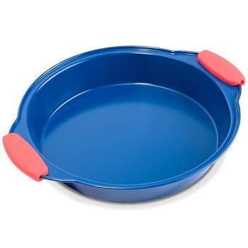 NutriChef Non-Stick Round Pan - Deluxe Nonstick Blue Coating Inside & Outside with Red Silicone Handles