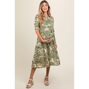 Pinkblush Olive Floral Collared Tiered Maternity Midi Dress - 1 of 4