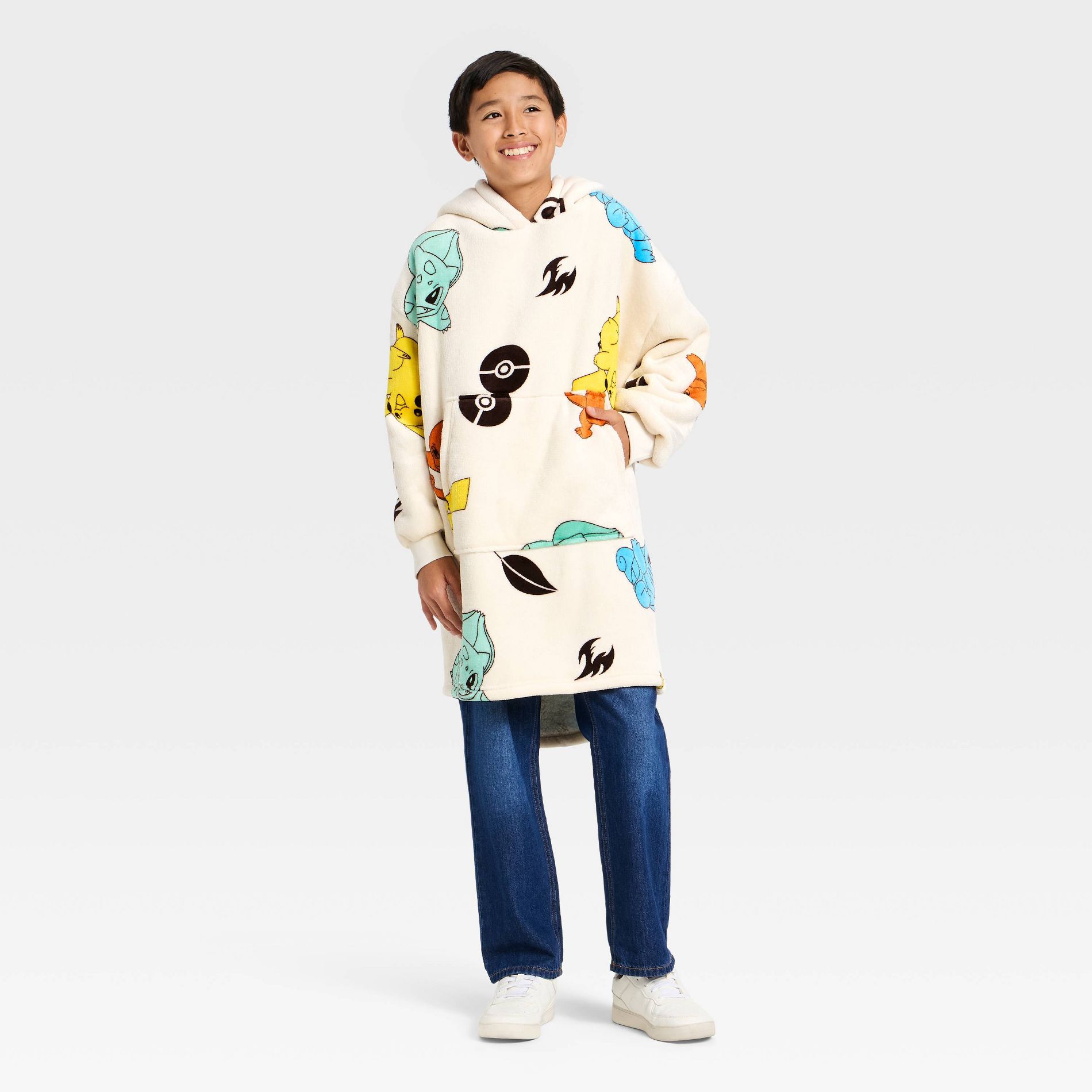 Boys' Pokemon Kanto Starters Oversized Plush Hooded Sweatshirt - Cream